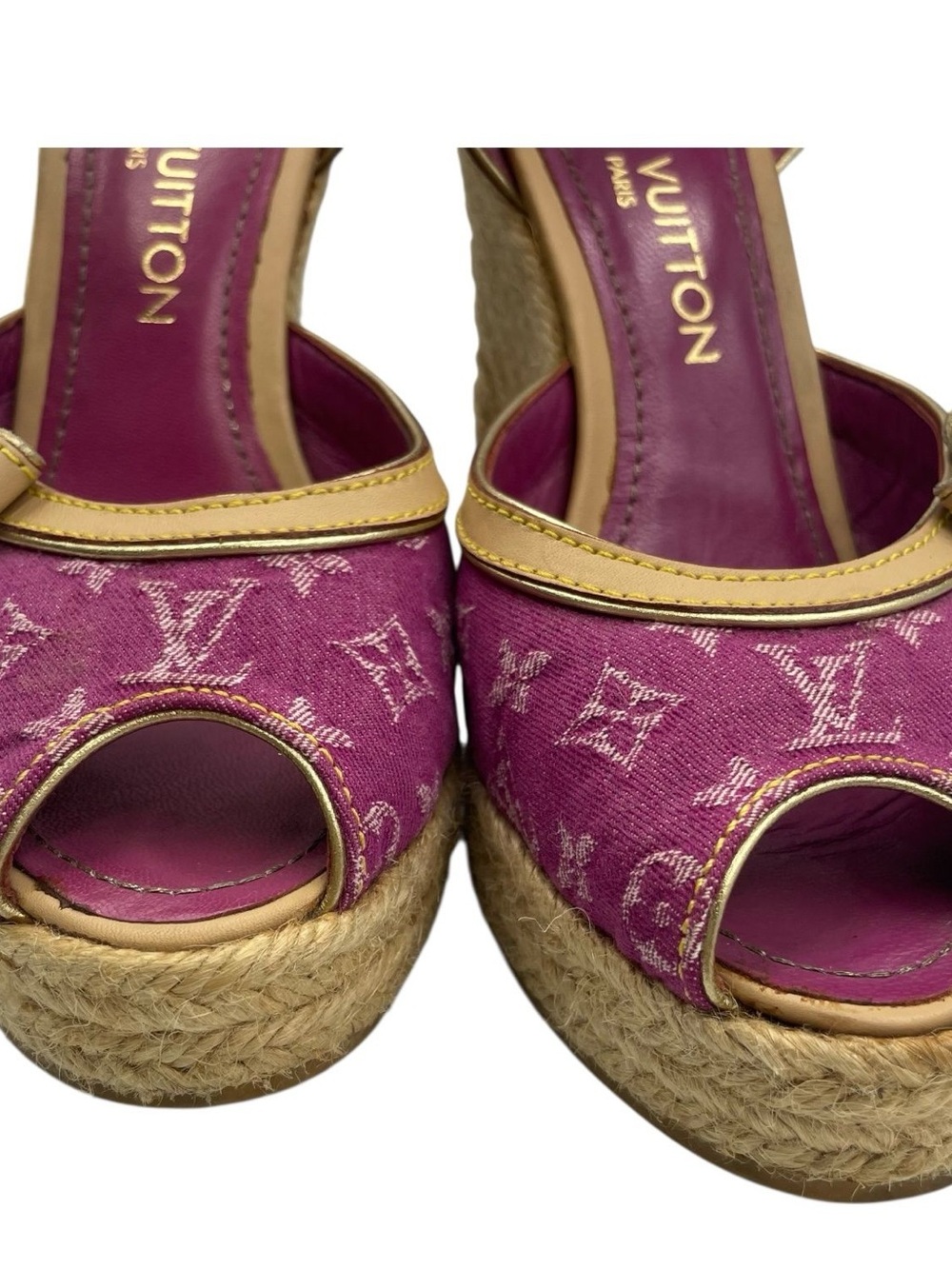 RARE Louis Vuitton Helios Wedge Sandals Pink Denim Monogram canvas EU36 US6 - Picture 4 of 10